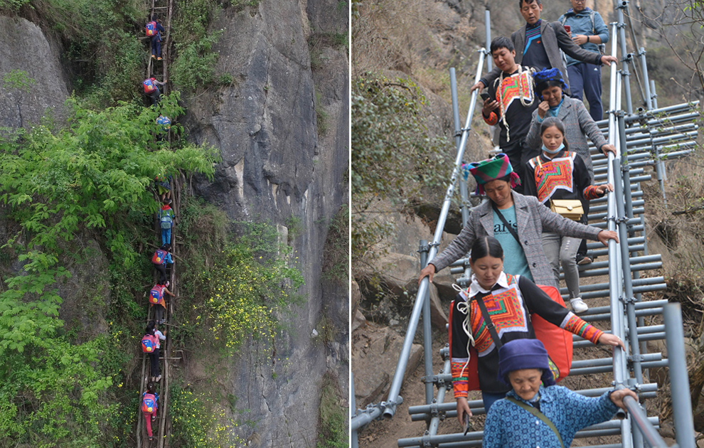 “懸崖村”今昔對(duì)比：左圖為2016年5月14日，孩子們?cè)诩议L(zhǎng)保護(hù)下攀爬木梯回家。右圖為2020年5月13日，昭覺(jué)縣支爾莫鄉(xiāng)阿土列爾村村民帶著行李通過(guò)鋼梯下山，搬遷至易地扶貧集中安置點(diǎn)的新家。